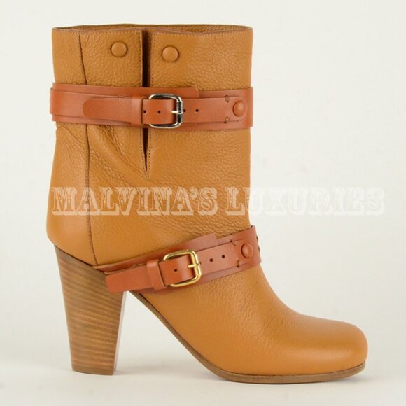 CHLOE ANKLE BOOTS LEATHER DOUBLE STRAP & BUCKLE MID STACKED HEEL sz 35 5 - Picture 6 of 13
